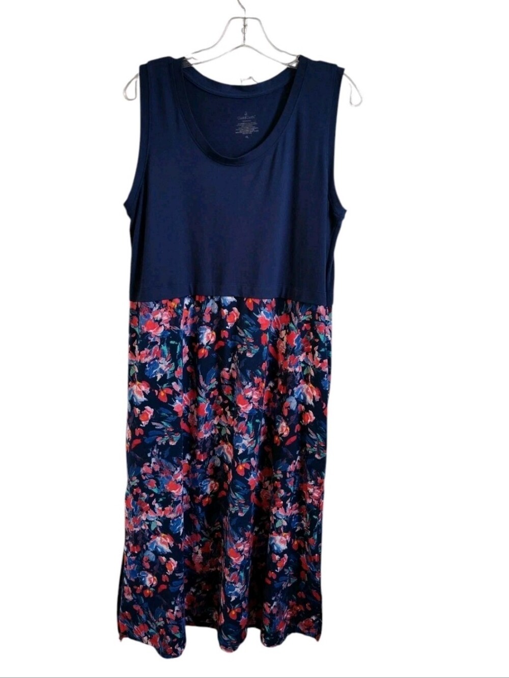 Cuddl Duds Flexwear Midi Dress Sz PL Petite Large Side Slits Pockets Navy Floral